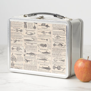 Antique Fishing Lures Catalogue Page Vintage Print Metal Lunch Box