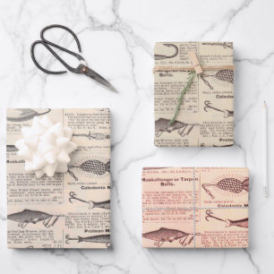 Antique Fishing Lures Catalogue Page Vintage Print Wrapping Paper Sheet