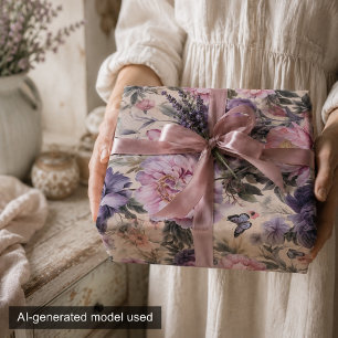Antique Floral and Butterfly Decoupage, Purple  Wrapping Paper Sheet