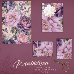 Antique Floral and Butterfly Decoupage, Purple  Wrapping Paper Sheet