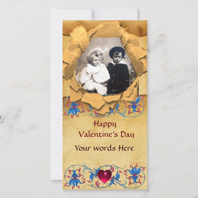 ANTIQUE FLORAL AND HEART VALENTINE DAY PARCHMENT HOLIDAY CARD (Front)