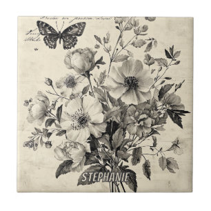 Antique Floral Arrangement - Monochrome Butterfly Tile