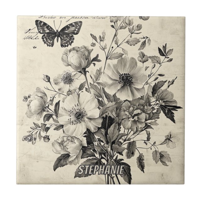 Antique Floral Arrangement - Monochrome Butterfly Tile (Front)
