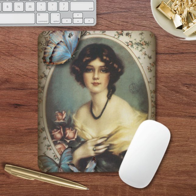 Antique Floral butterfly parisian girl victorian Mouse Mat (Antique Floral butterfly parisian girl victorian Mouse Pad)