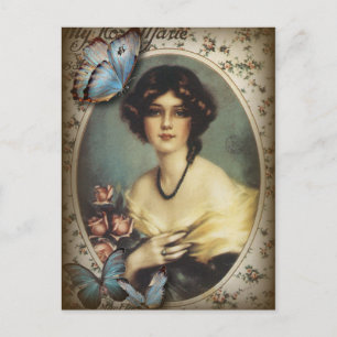 Antique Floral butterfly parisian girl victorian Postcard