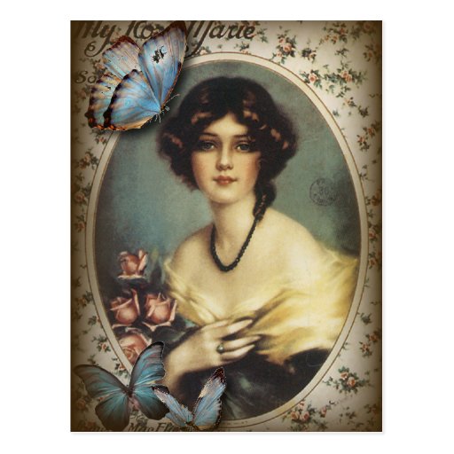 Image of Antique Floral butterfly parisian girl victorian Postcard