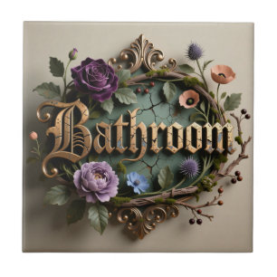 Antique Floral Gold Bathroom Round Sign Tile