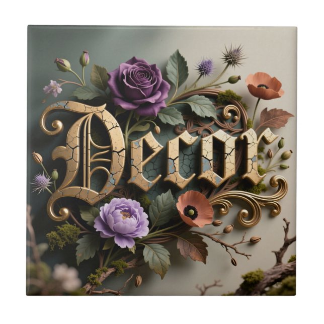 Antique Floral Gold Gothic Decor Sign Tile (Front)