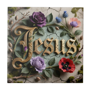 Antique Floral Gold Jesus Word Sign Tile