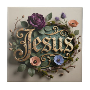 Antique Floral Gold Jesus Word Sign Tile