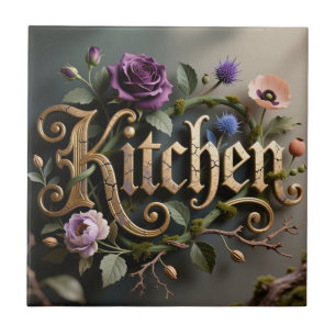Antique Floral Gold Kitchen Decor Sign Tile