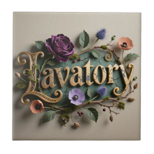 Antique Floral Gold Lavatory Word Sign Tile