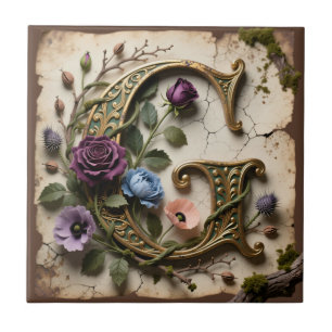 Antique Floral Gold Letter G Monogram Tile