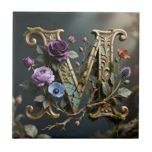 Antique Floral Gold Letter M Monogram Tile