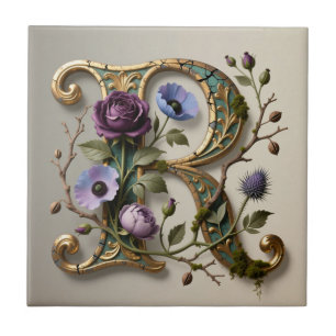 Antique Floral Gold Letter R Monogram Tile