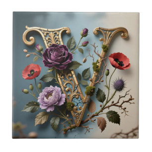 Antique Floral Gold Letter V Monogram Tile