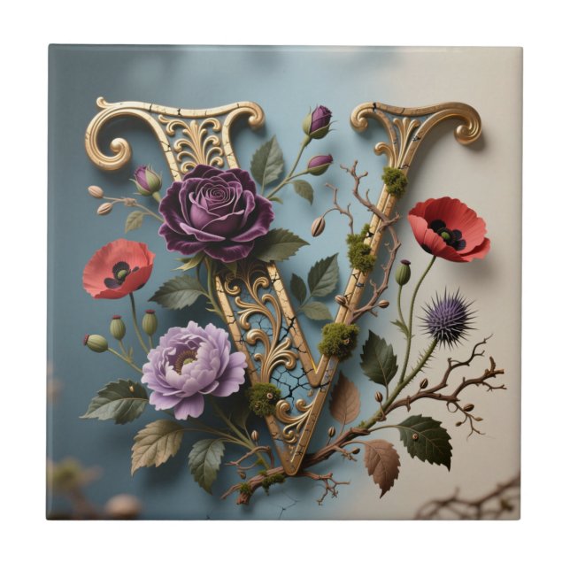 Antique Floral Gold Letter V Monogram Tile (Front)