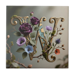 Antique Floral Gold Letter W Monogram Tile