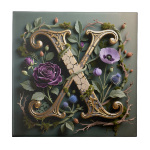 Antique Floral Gold Letter X Monogram Tile
