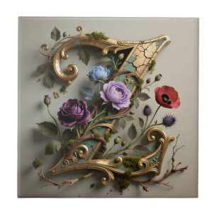 Antique Floral Gold Letter Z Monogram Tile