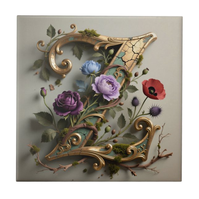 Antique Floral Gold Letter Z Monogram Tile (Front)
