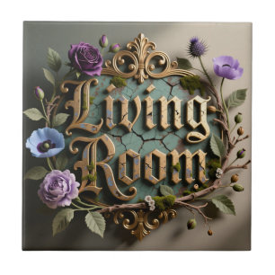 Antique Floral Gold Living Room Sign Tile
