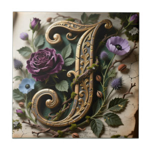 Antique Floral Gold Patina Letter J Tile