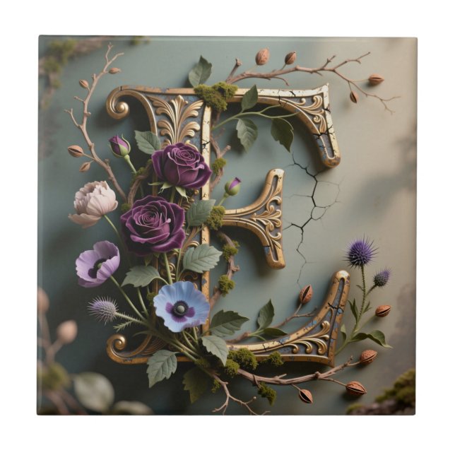 Antique Floral Gold Teal Letter E Tile (Front)