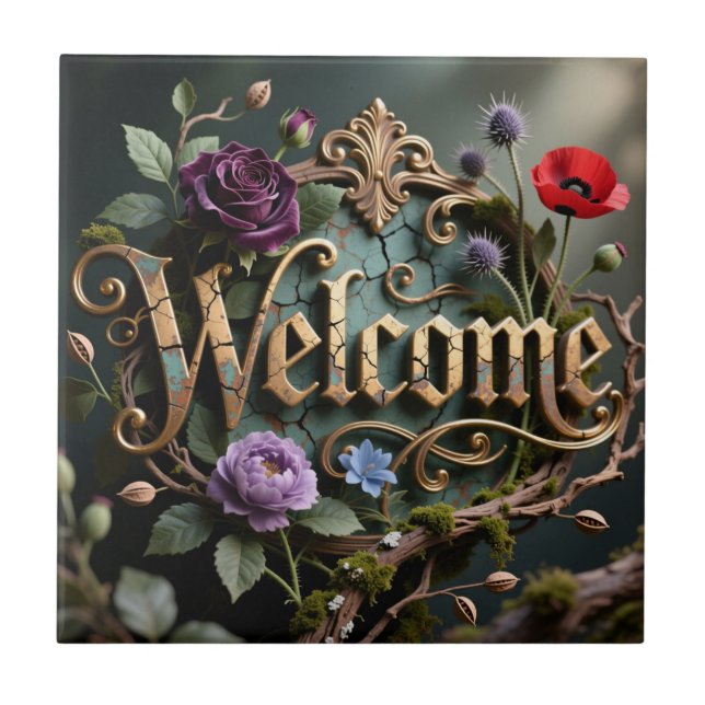 Antique Floral Gold Welcome Dark Sign Tile (Front)