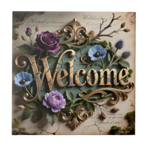 Antique Floral Gold Welcome Round Sign Tile