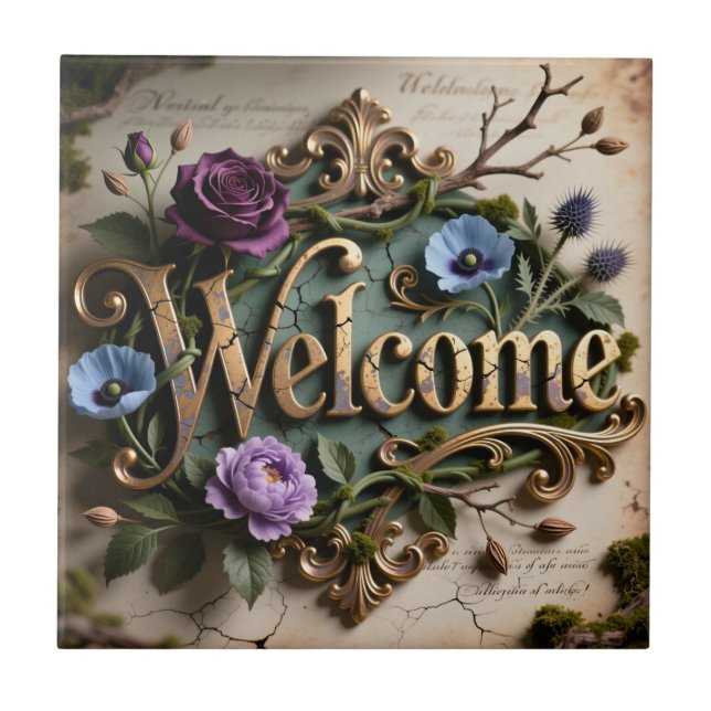 Antique Floral Gold Welcome Round Sign Tile (Front)