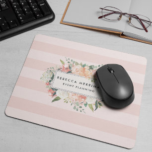 Antique Floral Logo   Blush Pink Stripe Mouse Mat