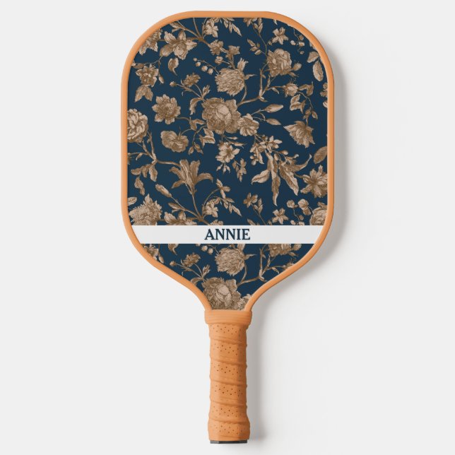 Antique Floral Navy Gold Toile Pickleball Paddle (Front)