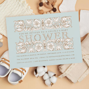 Antique Floral Ornaments Blue Baby Shower Invitation