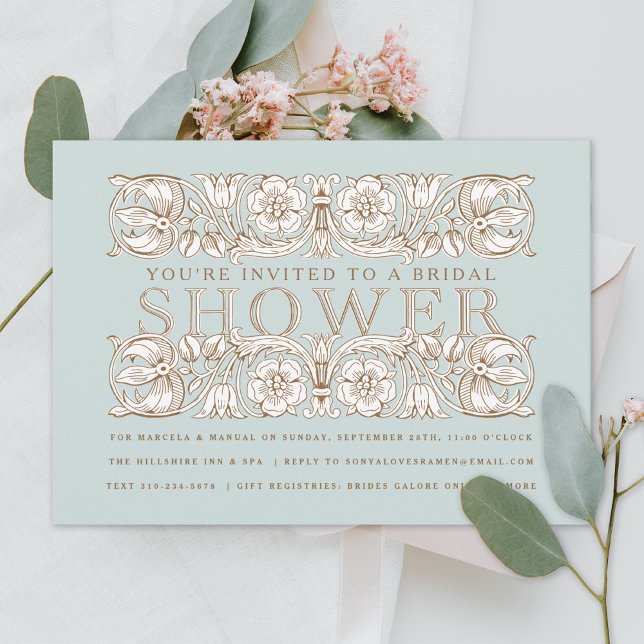 Antique Floral Ornaments Blue Bridal Shower Invitation (Creator Uploaded)
