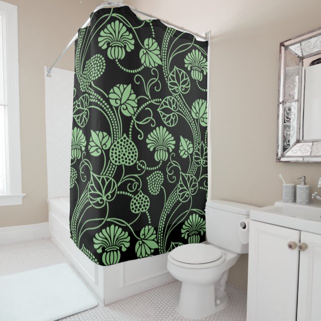 Antique Floral Pattern Black and Green Shower Curtain (In Situ)