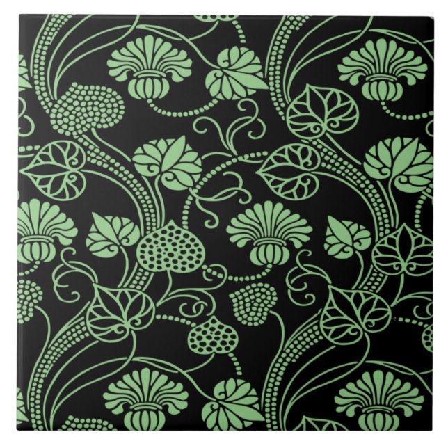 Antique Floral Pattern Black and Green Tile (Front)