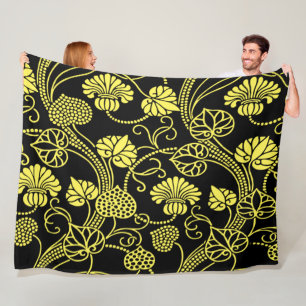 Antique Floral Pattern Black and Yellow Fleece Blanket