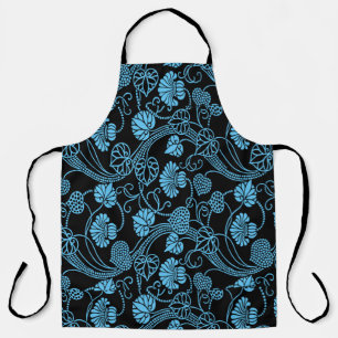 Antique Floral Pattern Black on Blue Apron