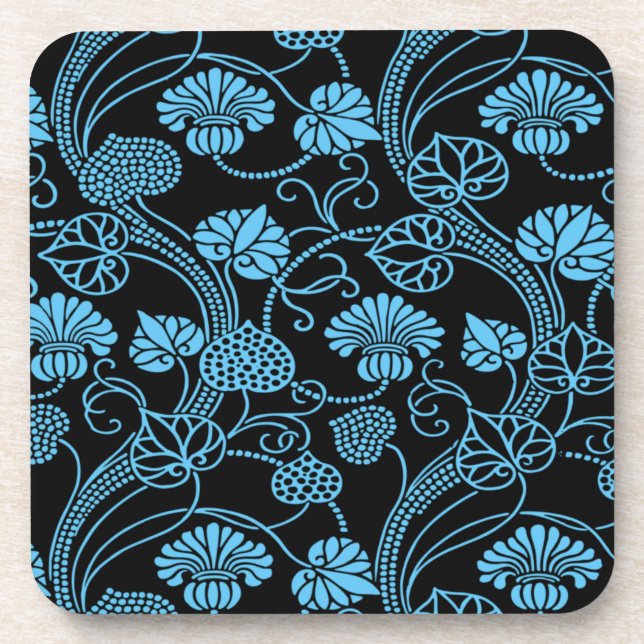 Antique Floral Pattern Black on Blue Coaster (Front)