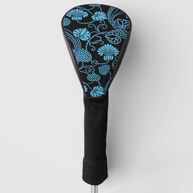 Antique Floral Pattern Black on Blue Golf Head Cover (Front)