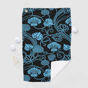 Antique Floral Pattern Black on Blue Golf Towel