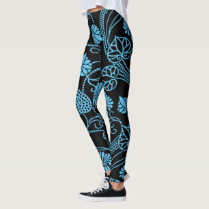 Antique Floral Pattern Black on Blue Leggings