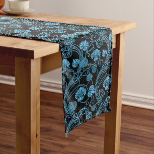 Antique Floral Pattern Black on Blue Long Table Runner