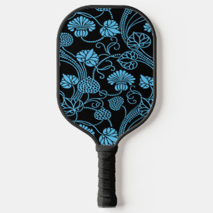 Antique Floral Pattern Black on Blue Pickleball Paddle