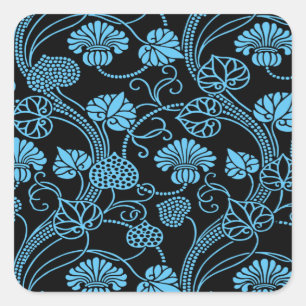 Antique Floral Pattern Black on Blue Square Sticker