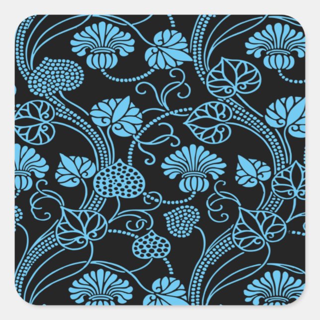 Antique Floral Pattern Black on Blue Square Sticker (Front)