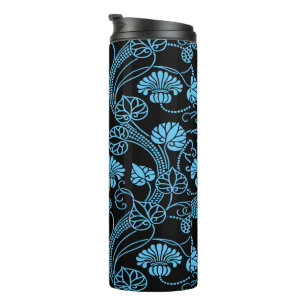 Antique Floral Pattern Black on Blue Thermal Tumbler