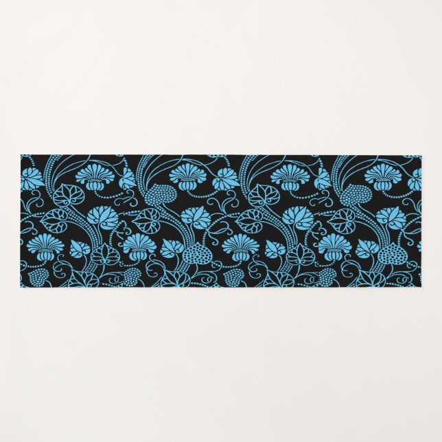 Antique Floral Pattern Black on Blue Yoga Mat (Front (Horizontal))
