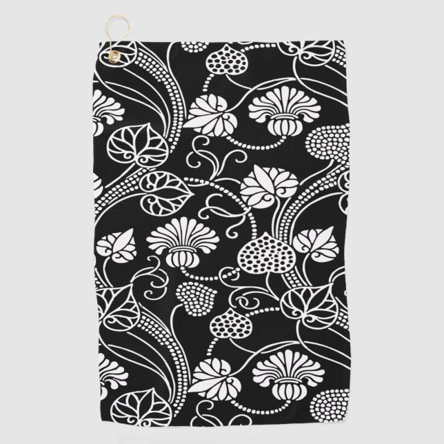 Antique Floral Pattern Black on White Golf Towel (Front)